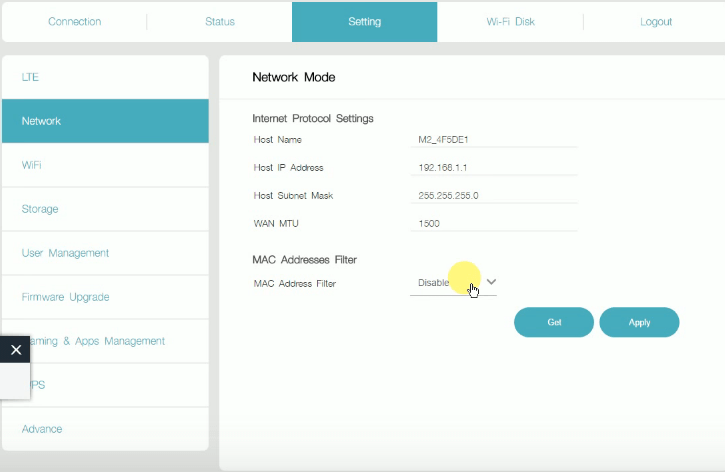 Network Mode by Default in JioFi Admin Settings Panel