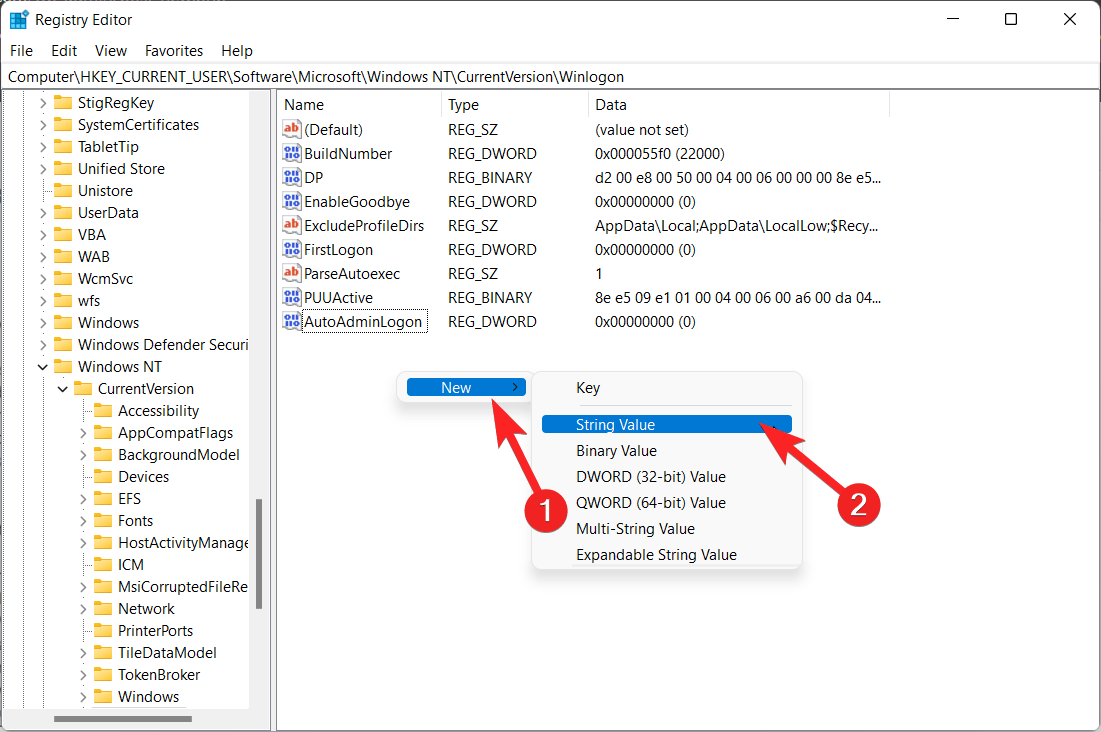 New String Value from the context menu