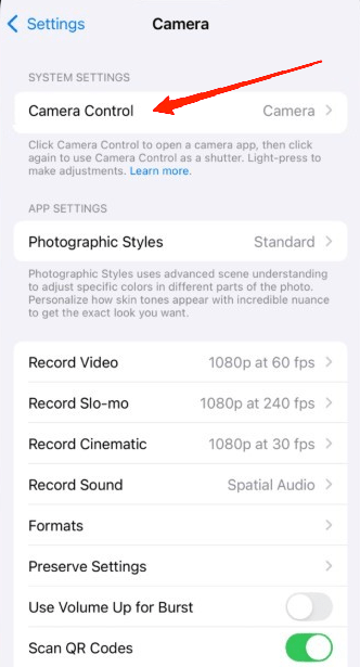Next, tap on Camera Control.