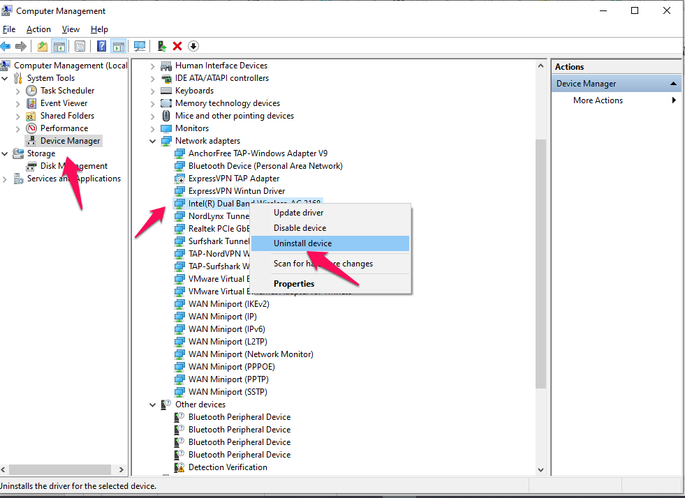 Now, navigate to the Network Adapters drop-down menu, and right-click on the Driver. And click on the 'Uninstall Device' option