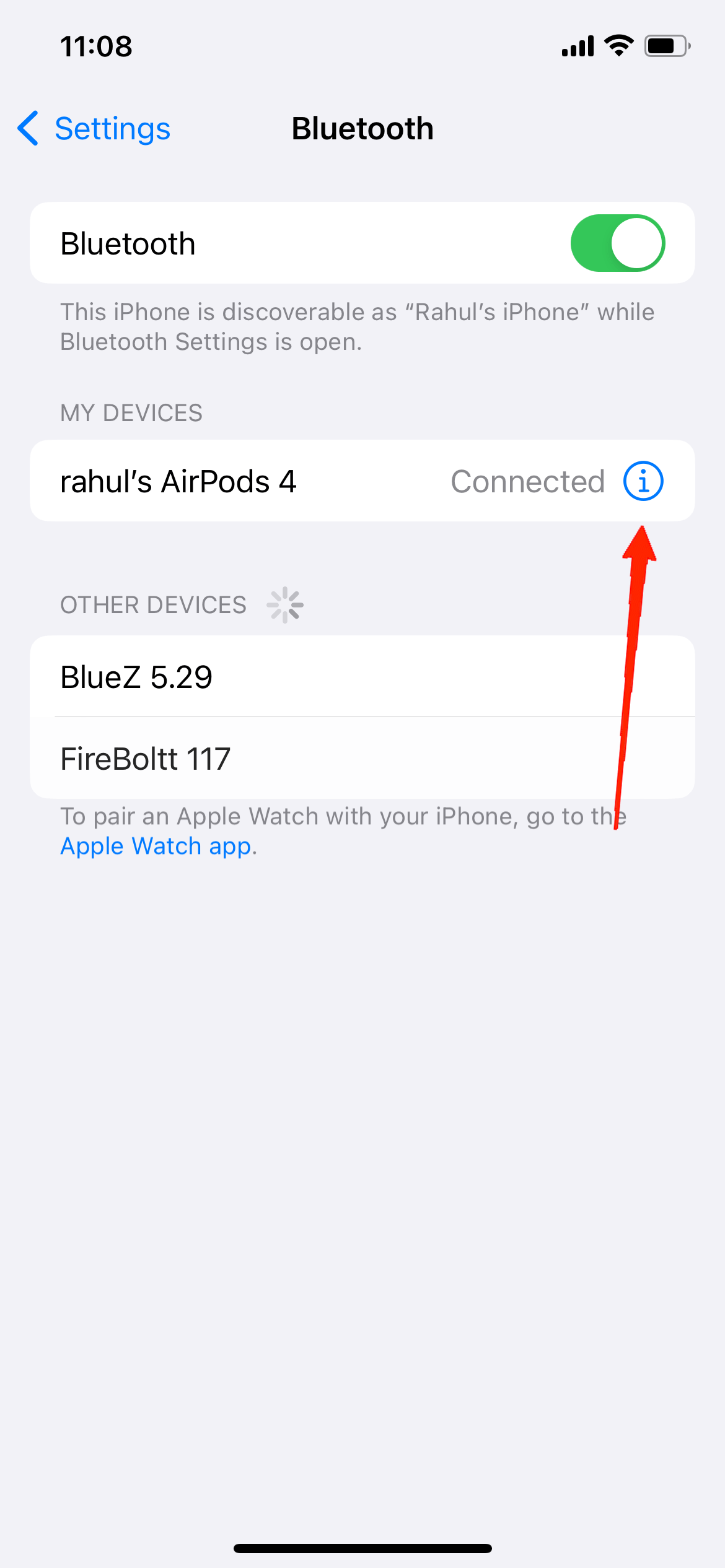 Now, tap on the i icon beside your AirPods name.