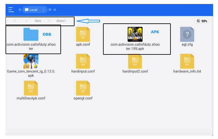 OBB and APK in Share1 Folder