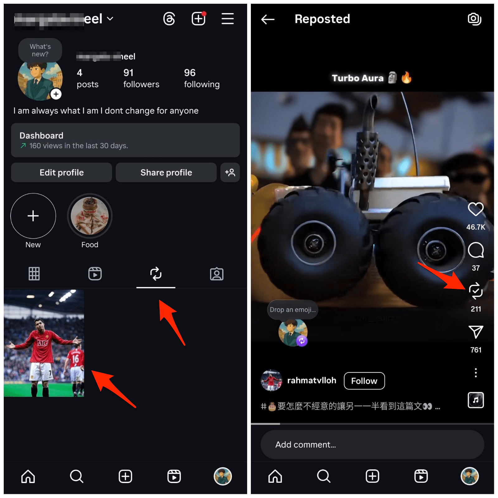 OPen Repoot Tab, Select the Reel to Undo Repost