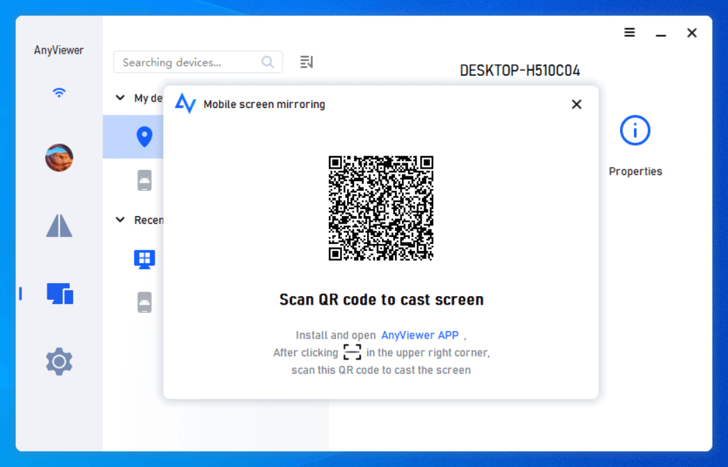 On the PC, go to Device > Mobile Screen Mirroring to display a QR code
