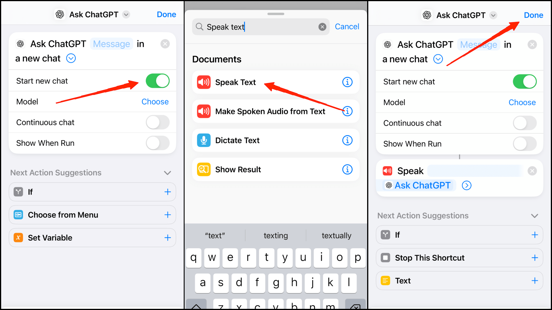 Once it is done, go back to the Shortcuts search bar search for "Speak text" and add it as a shortcut.