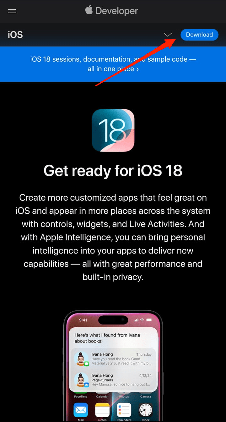 Once it opens the iOS 18 webpage, tap on the Download button in the top-right corner.