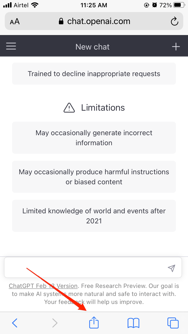 Once you enter the ChatGPT search page, tap on the Share icon at the bottom of the screen.
