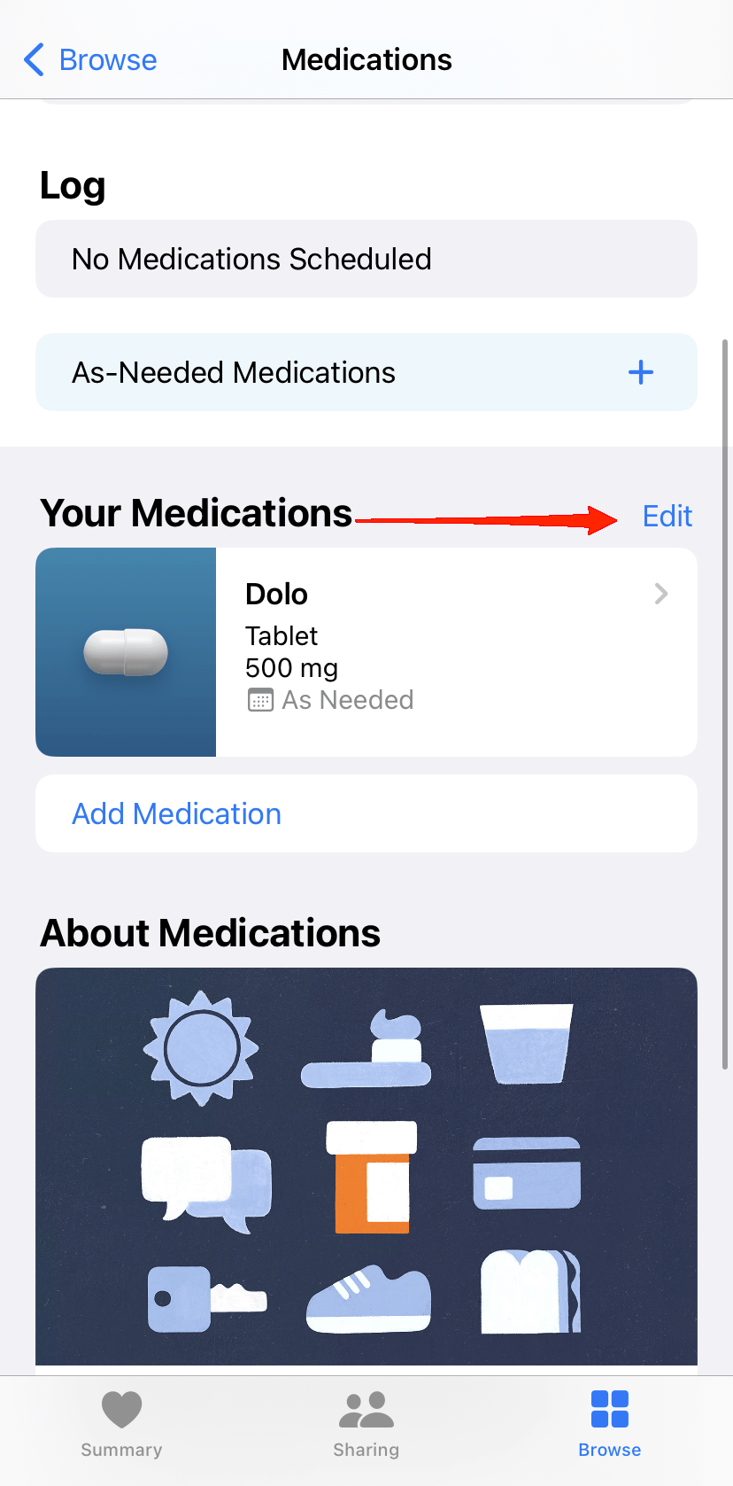Once you open the medication list, tap on the Edit button at the top.