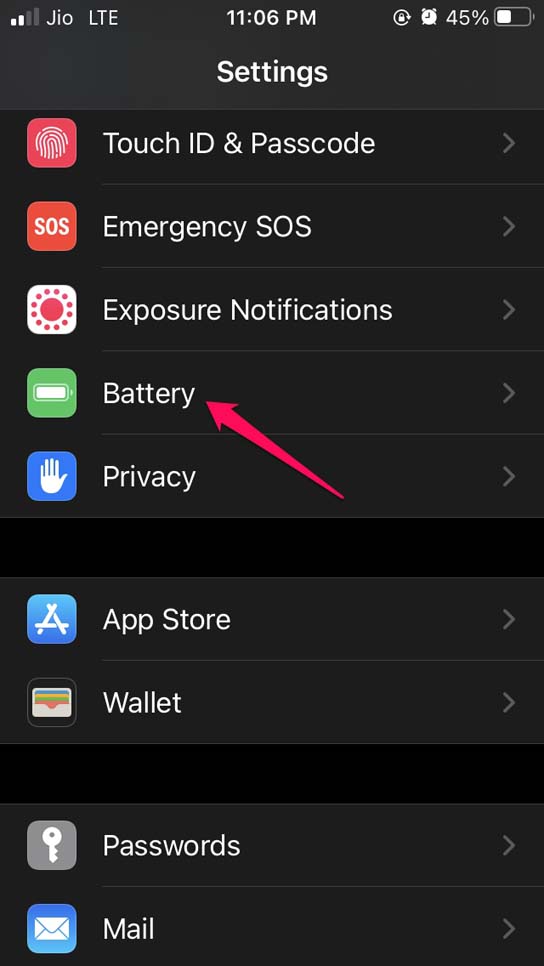 Open Battery settings iOS
