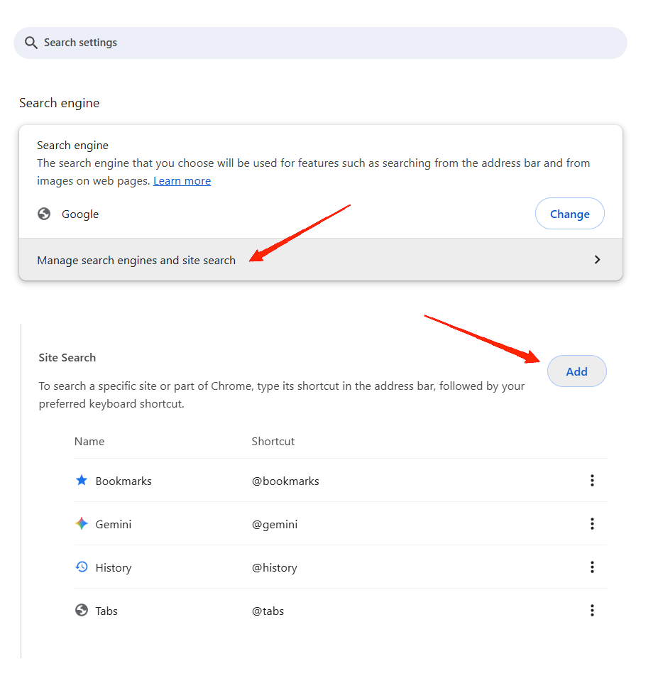 Open Chrome, and go to Settings Search engine Manage search engines and site search.