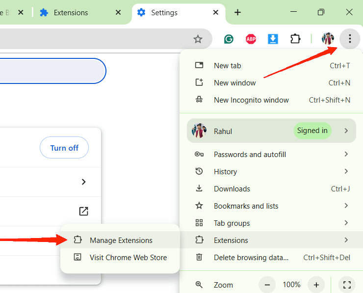 Open Chrome browser settings and navigate to the Manage Extensions section. 