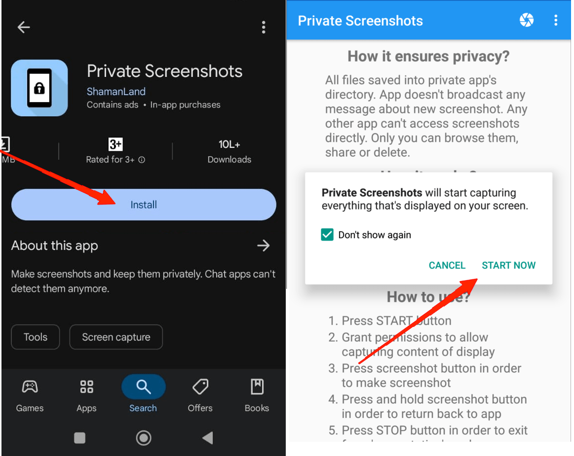 Open Private Screenshots App and give the necessary permissions.