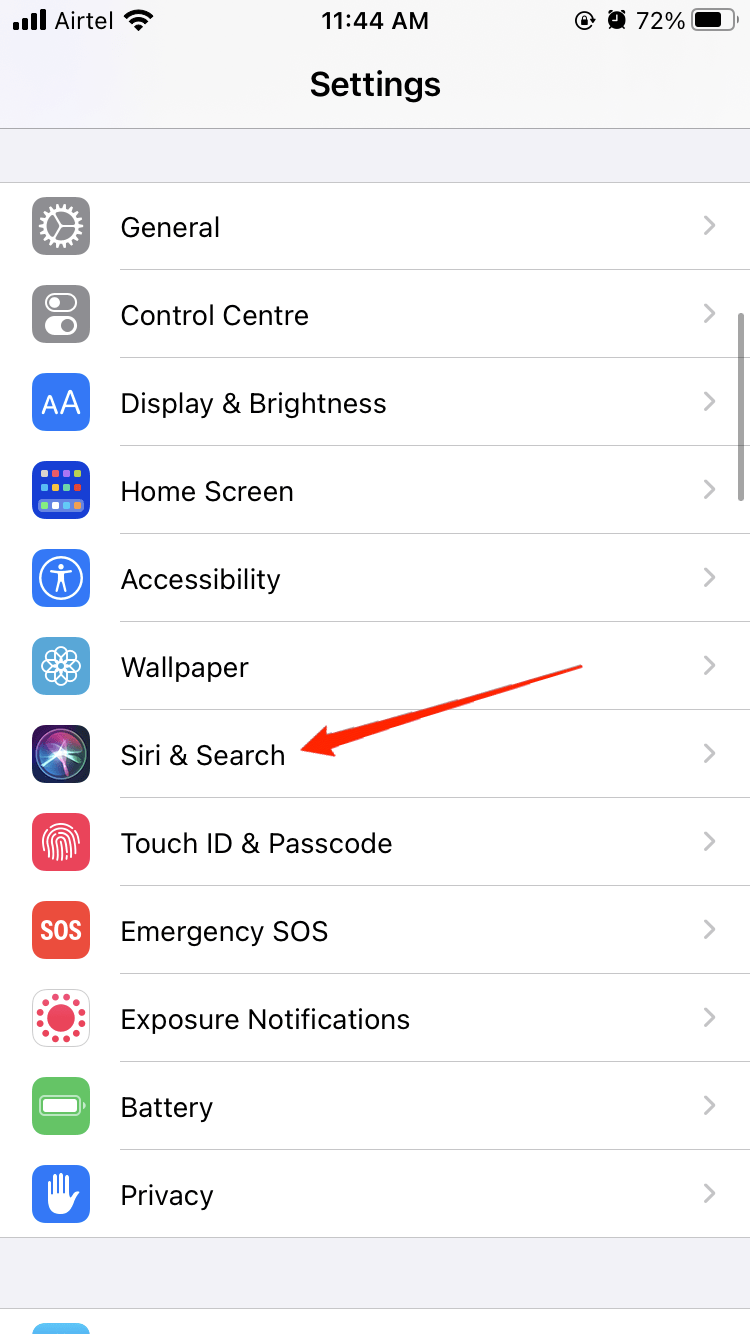 Open device Settings. Go to Siri & Search.