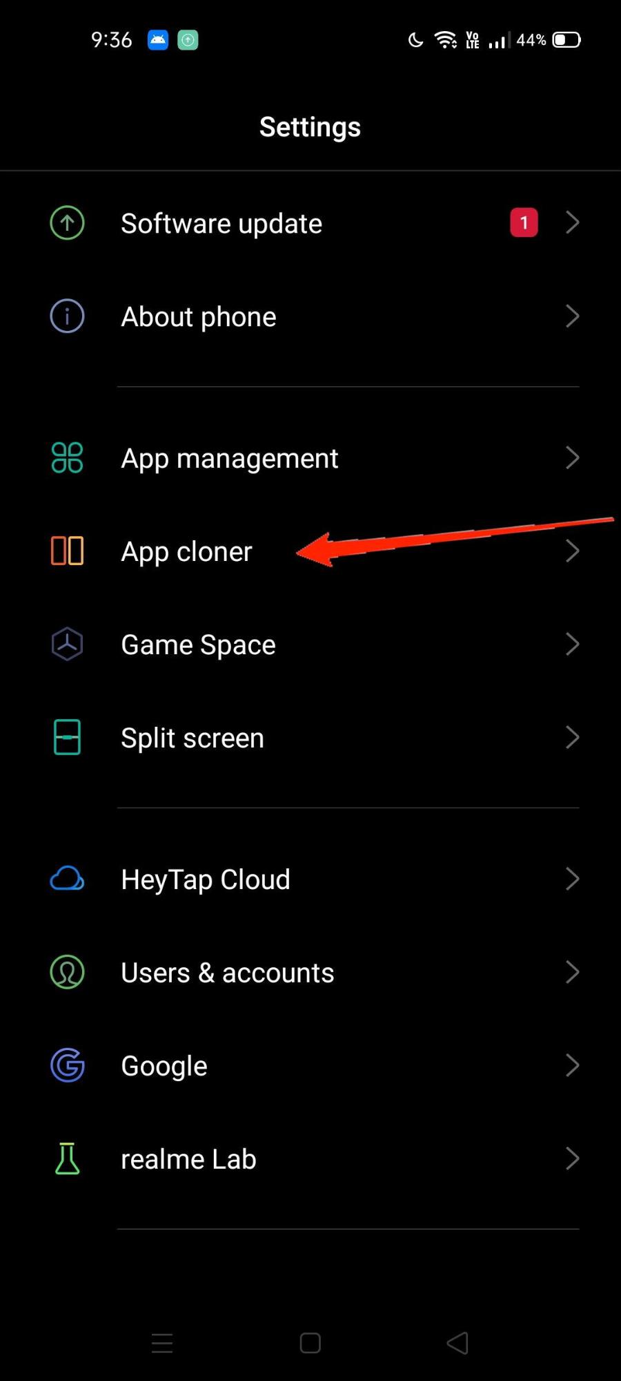 Open device settings and navigate to app cloner