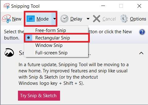 Open the tool and you need to select “Rectangular Snip” from the Mode