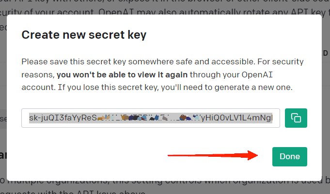 Once your OpenAI secret key is generated, copy-paste it to your notes for later use