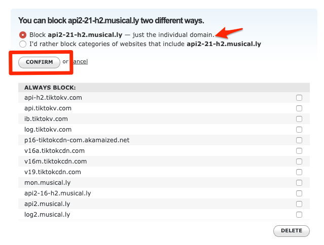 OpenDNS Dashboard > Settings > Web Content Filtering > Block Musically