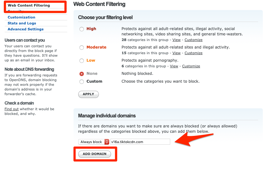 OpenDNS Dashboard > Settings > Web Content Filtering > TikTok Block