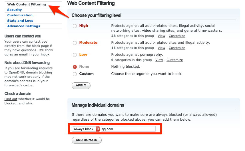 OpenDNS Dashboard > Settings > Web Content Filtering > qq.com > Block PUBG Mobile