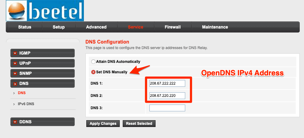 OpenDNS IPv4 Address in Network Router DNS Settings