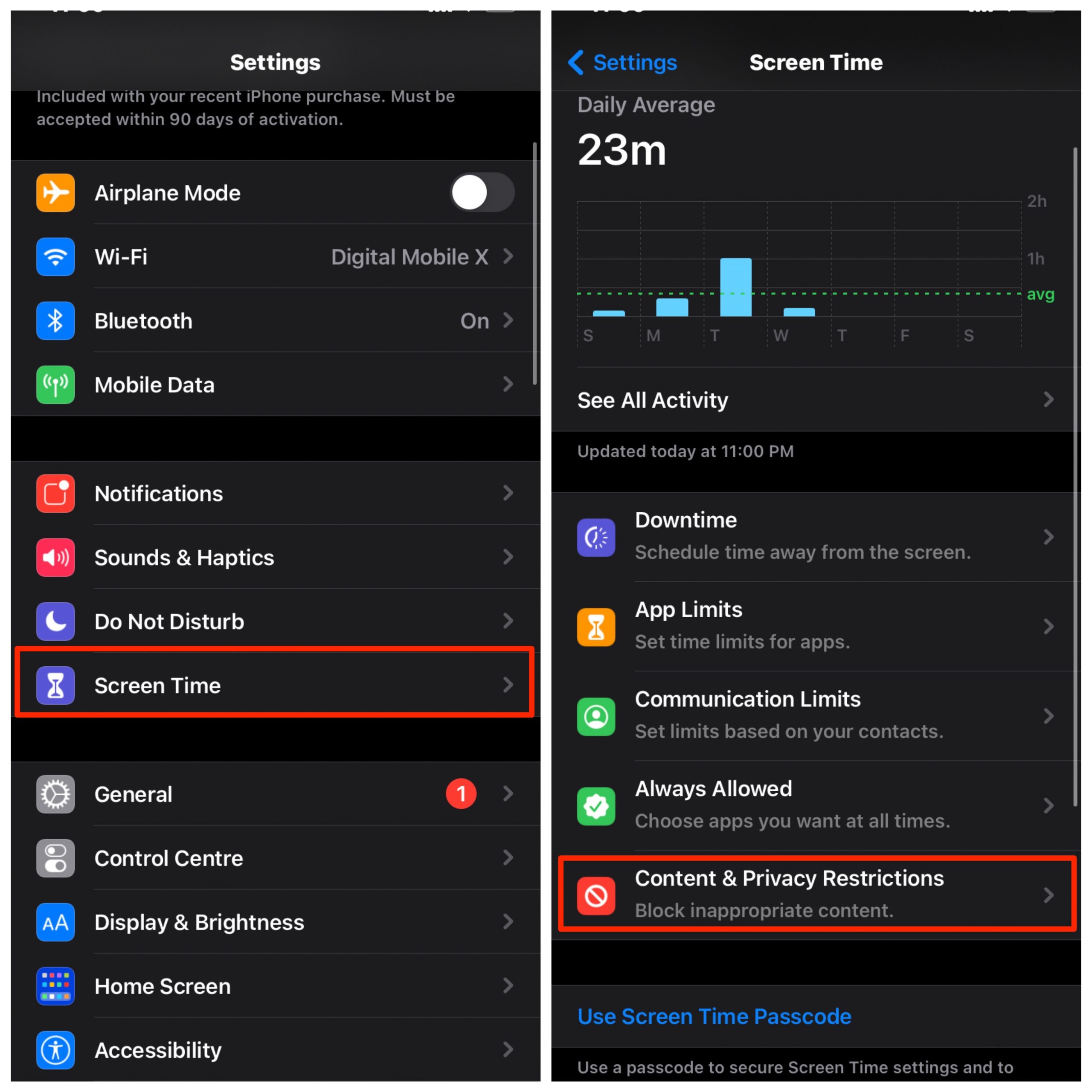 Open Settings, Screen Time and Open Content & Privact Restrictions