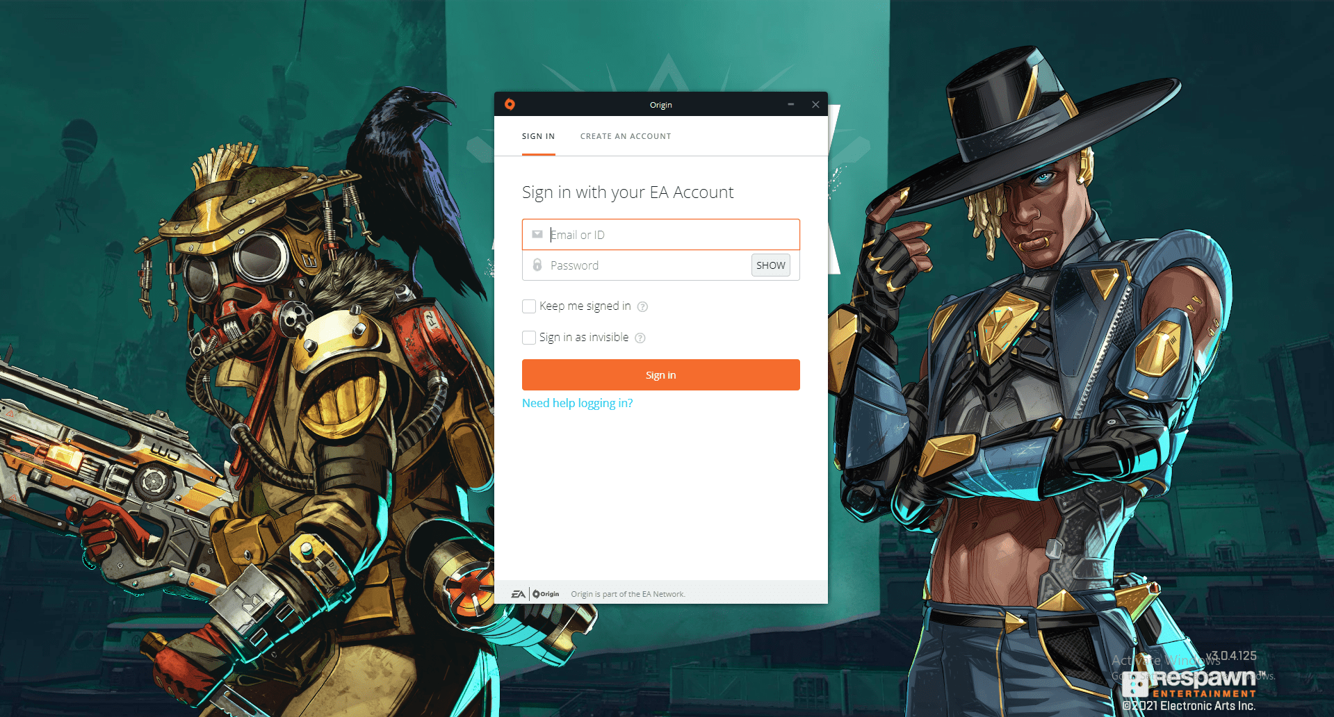 Origin login page will show on the screen and enter the credentials and then click on “sign-in” to continue.