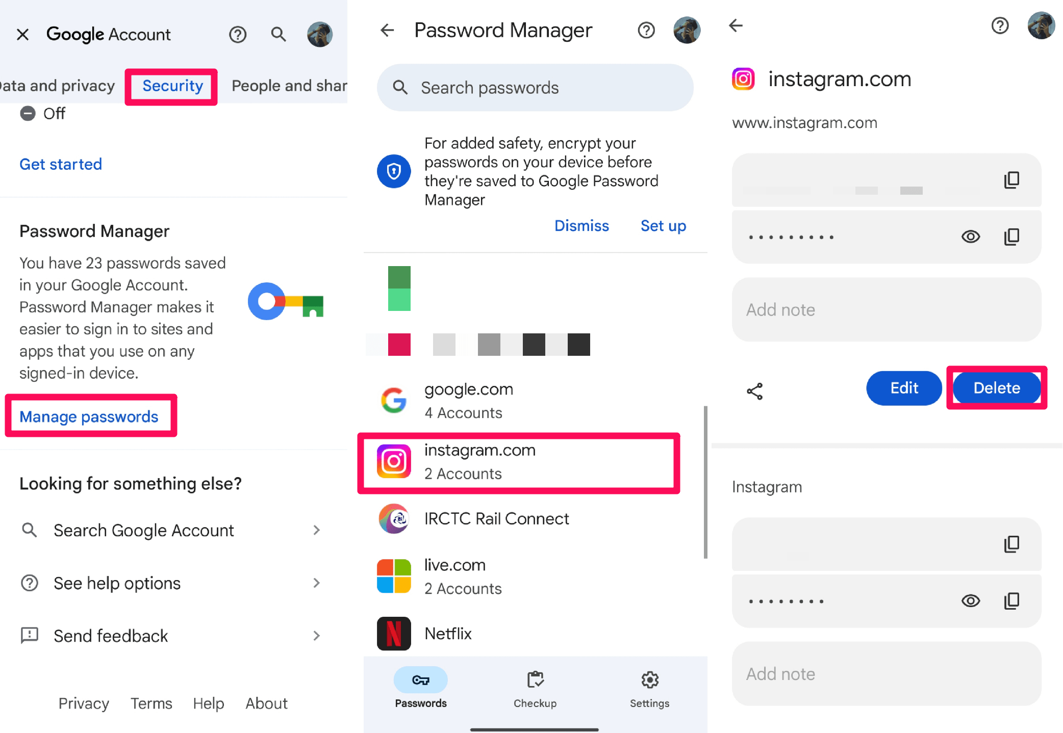 Tap on Manage Password and choose Instagram app 