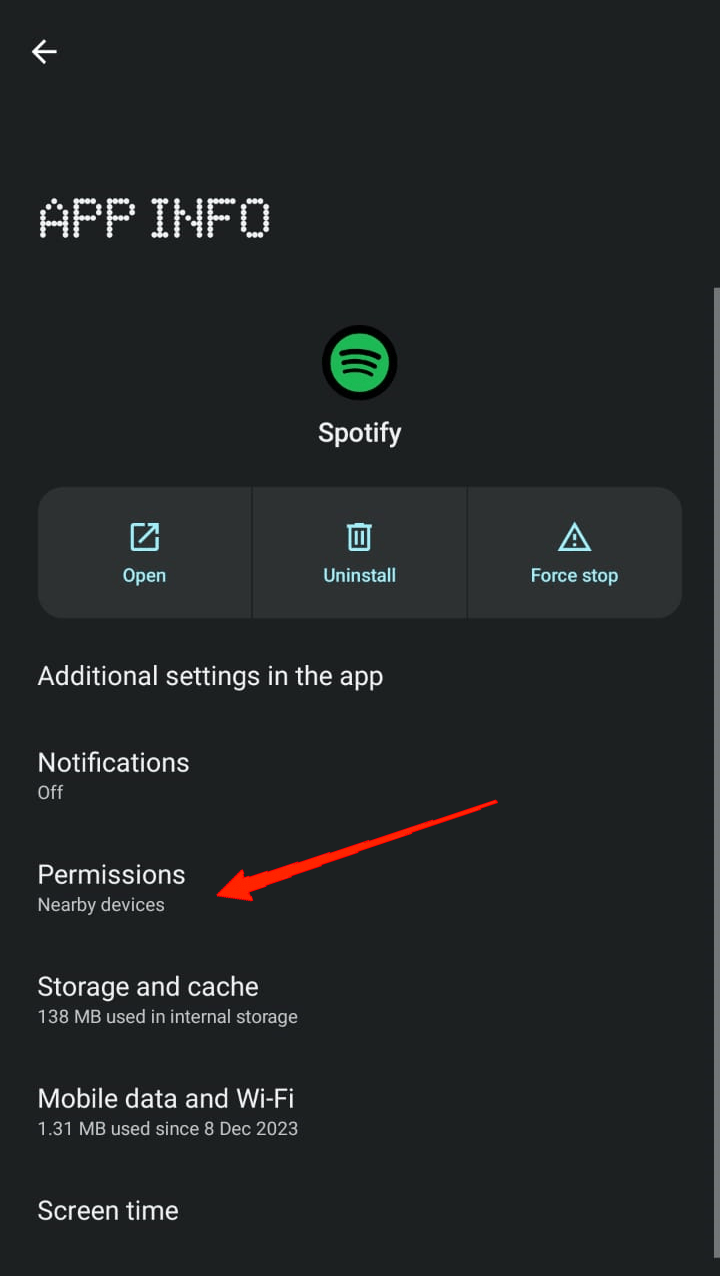 Once you are on the App info page, click on Permissions.