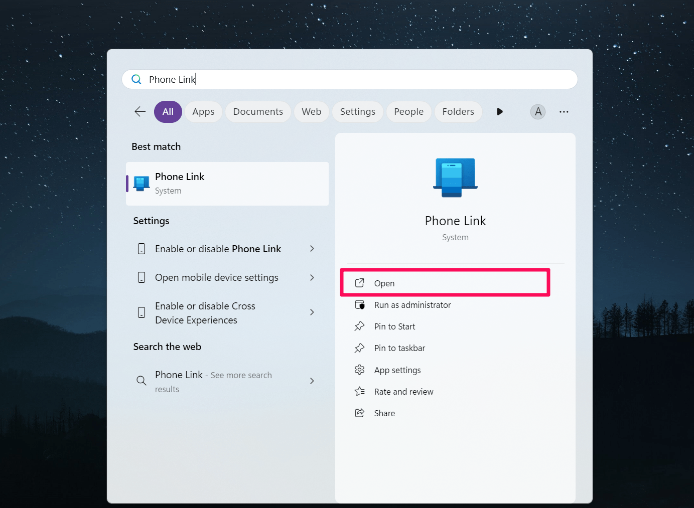 Search for the Phone Link and click Open