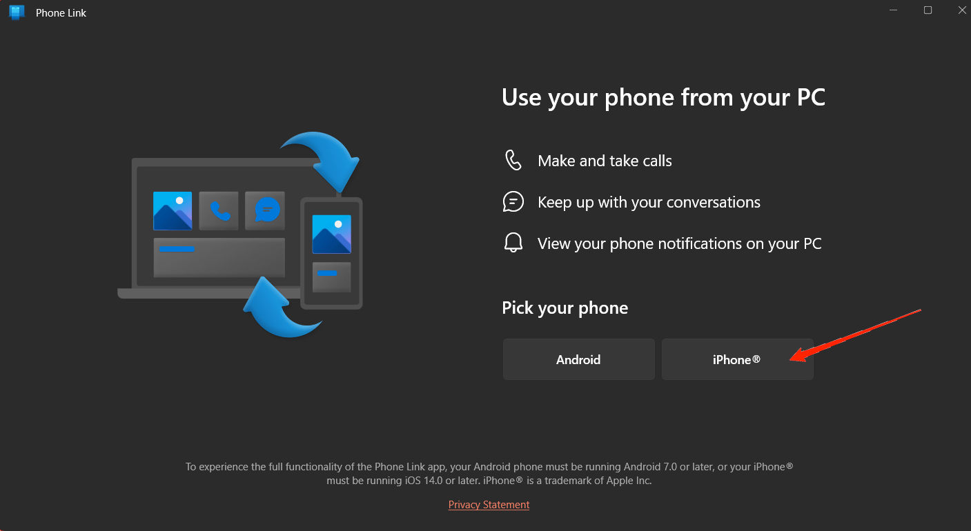 click on 'iPhone' to connect your Windows device to your iPhone