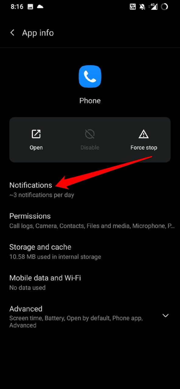 Phone app notification settings