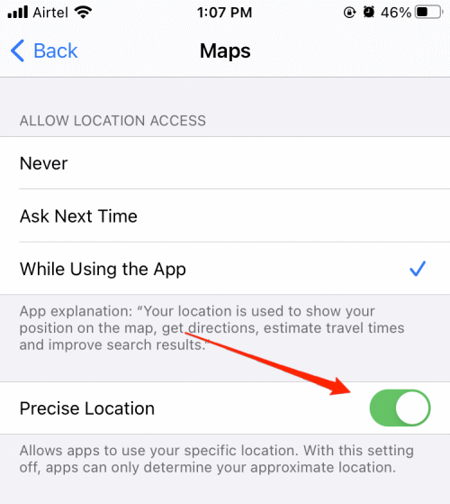Here, turn on the slider for Precise location