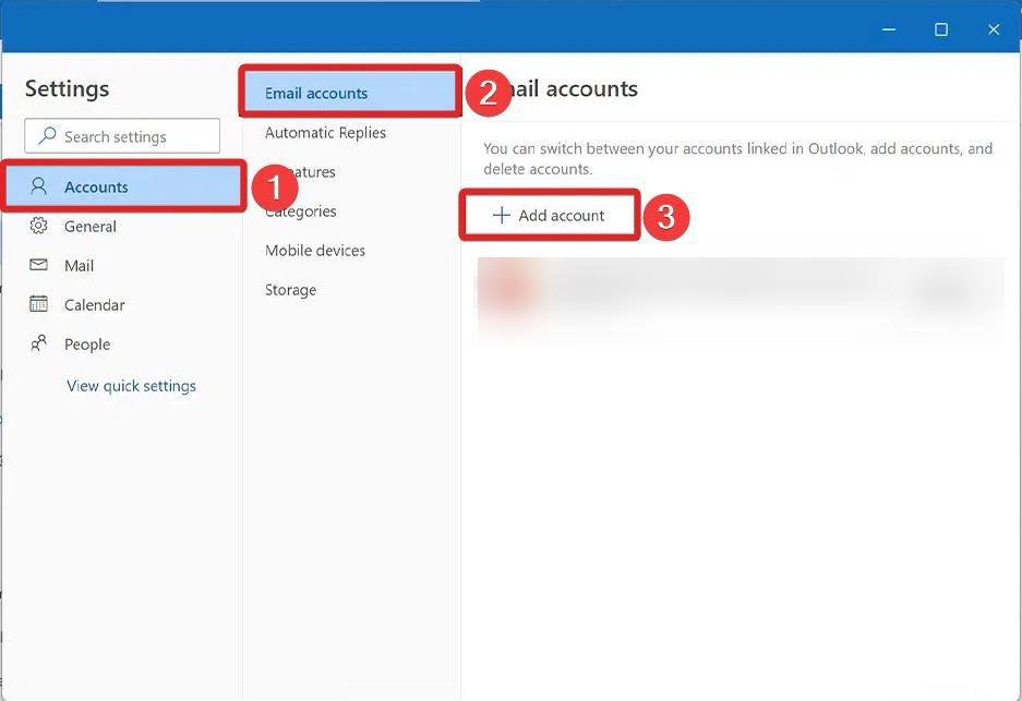 Press Add account button in Microsoft Outlook