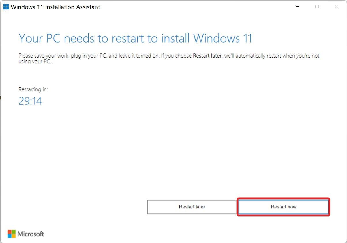 Press Restart Now button to install Windows 11