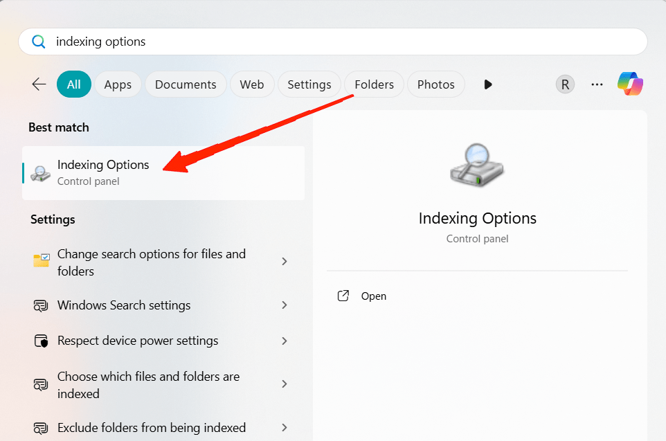 Press Win + S and type Indexing Options.