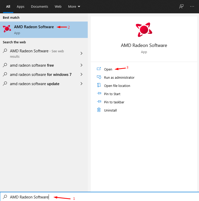 Press Windows Key + S and then open “AMD Radeon Software” on Windows