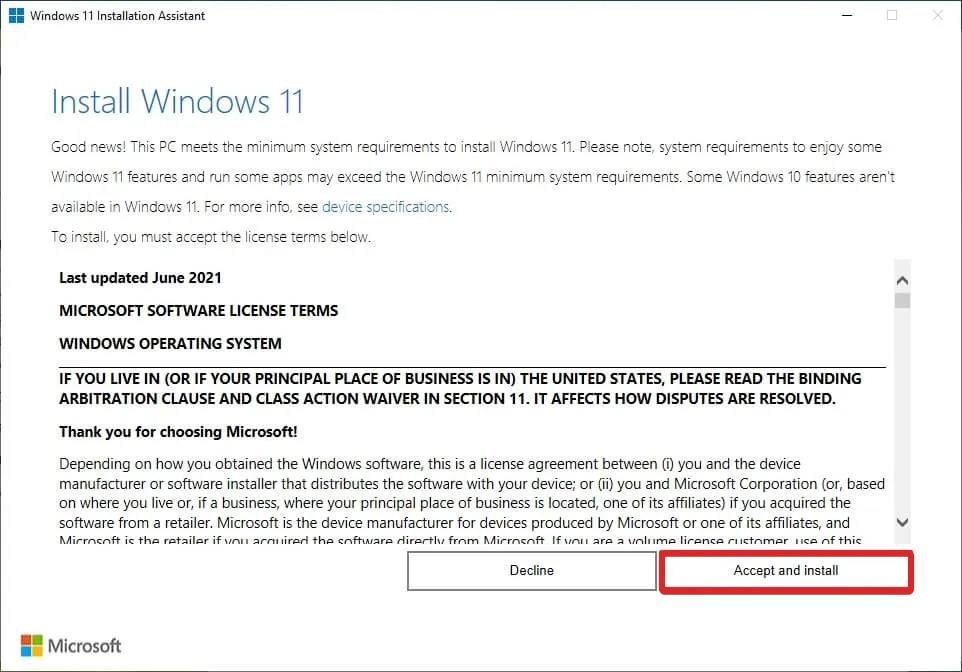 Нажмите кнопку «Принять и установить», чтобы установить Windows 11.