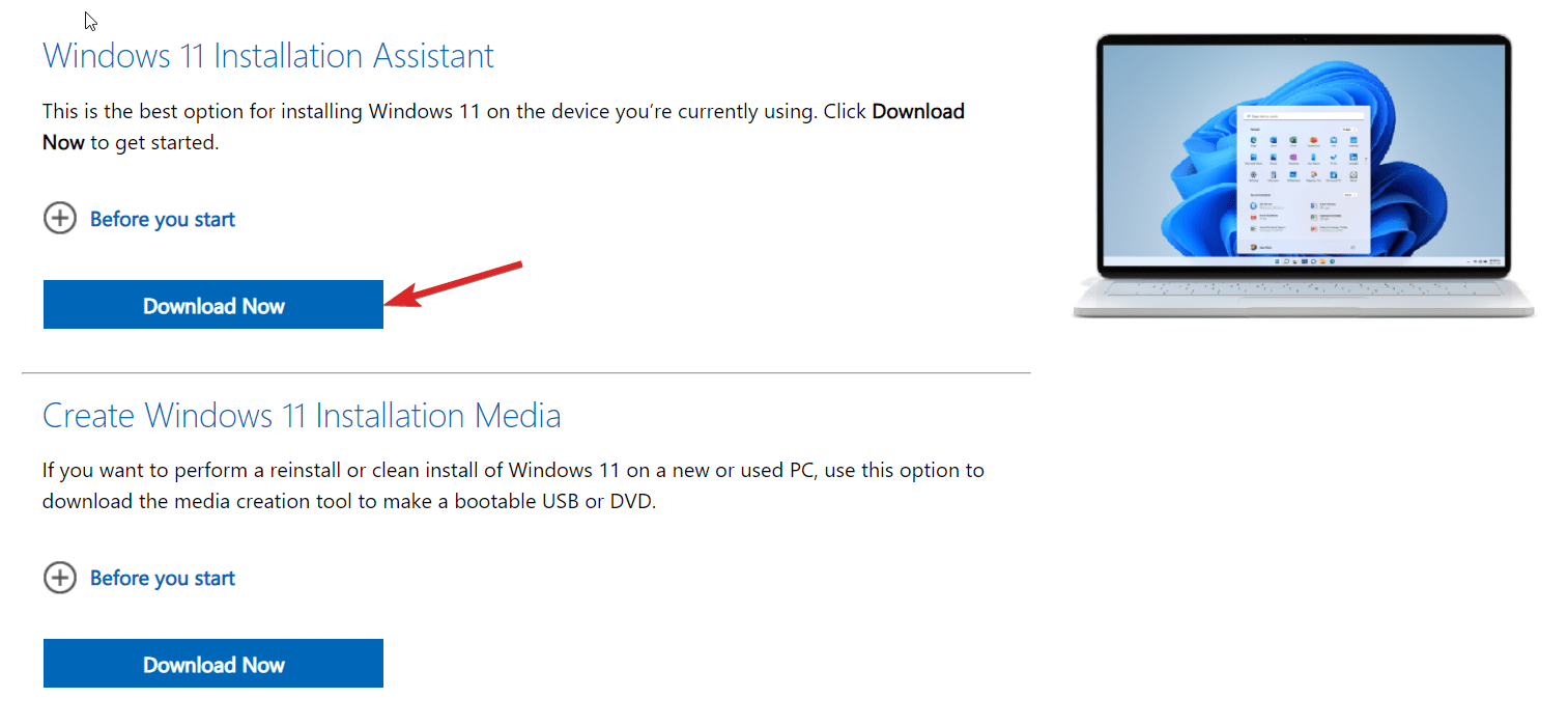 Нажмите кнопку «Загрузить» для вызова помощника по установке Windows 11.