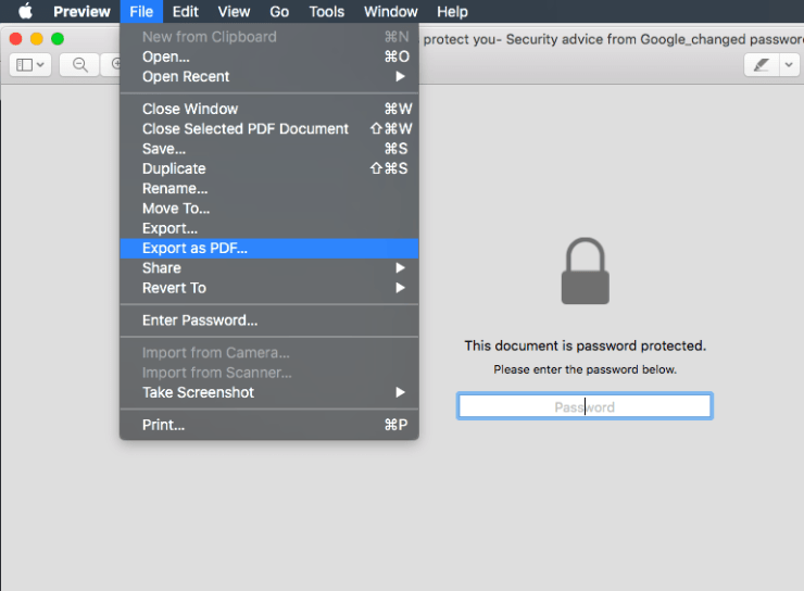 Preview File Export as PDF and Menubar to Change PDF Password