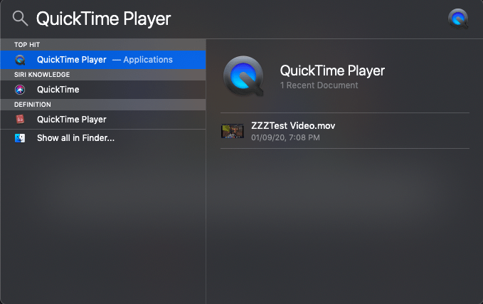 QuickTime Player in Spotlight