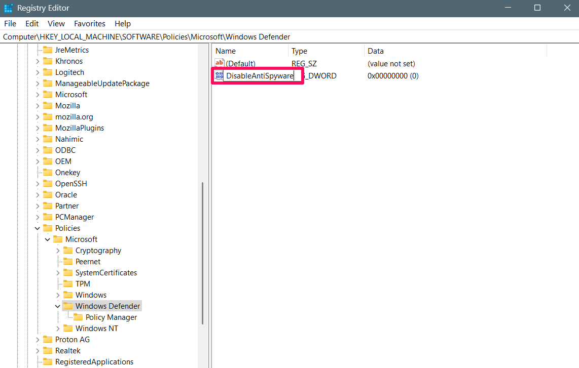 Name the new key to DisableAntiSpyware and hit Enter