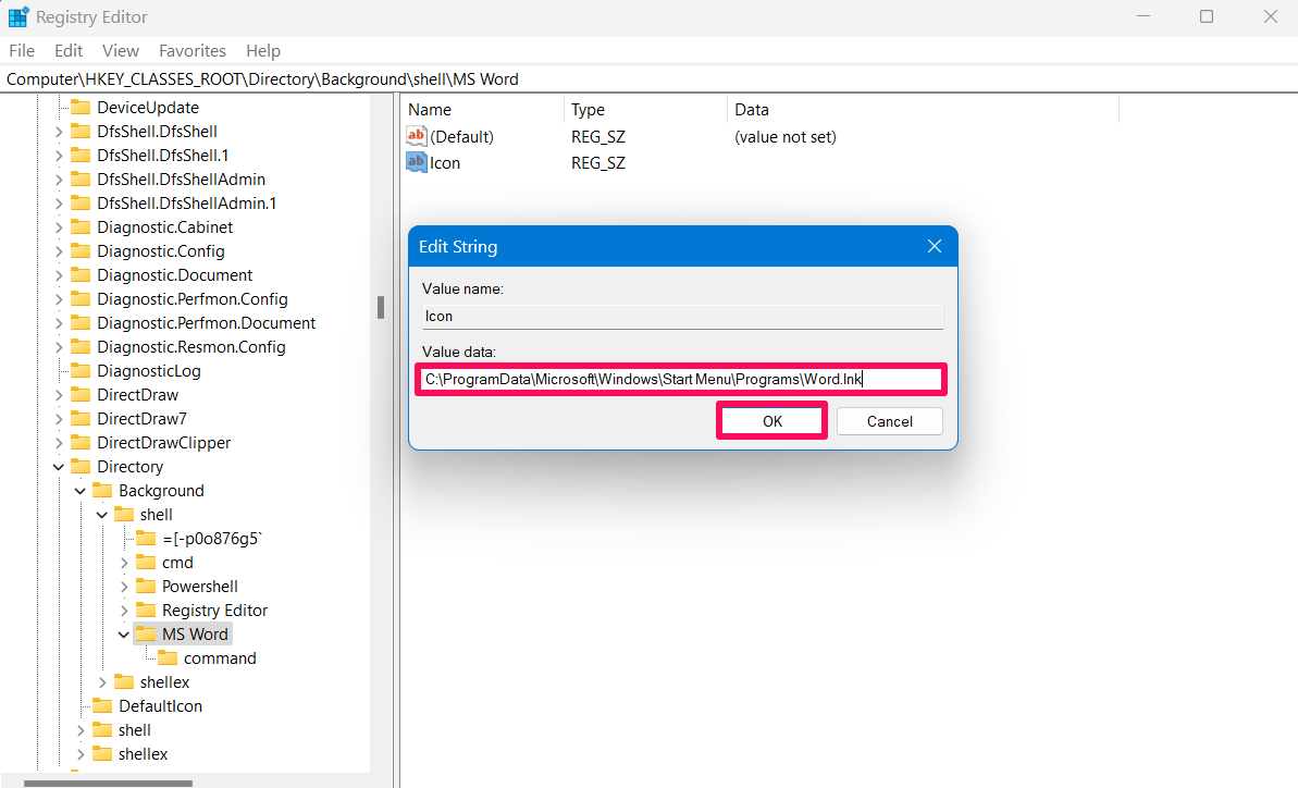 Enter the value data of your app and click OK