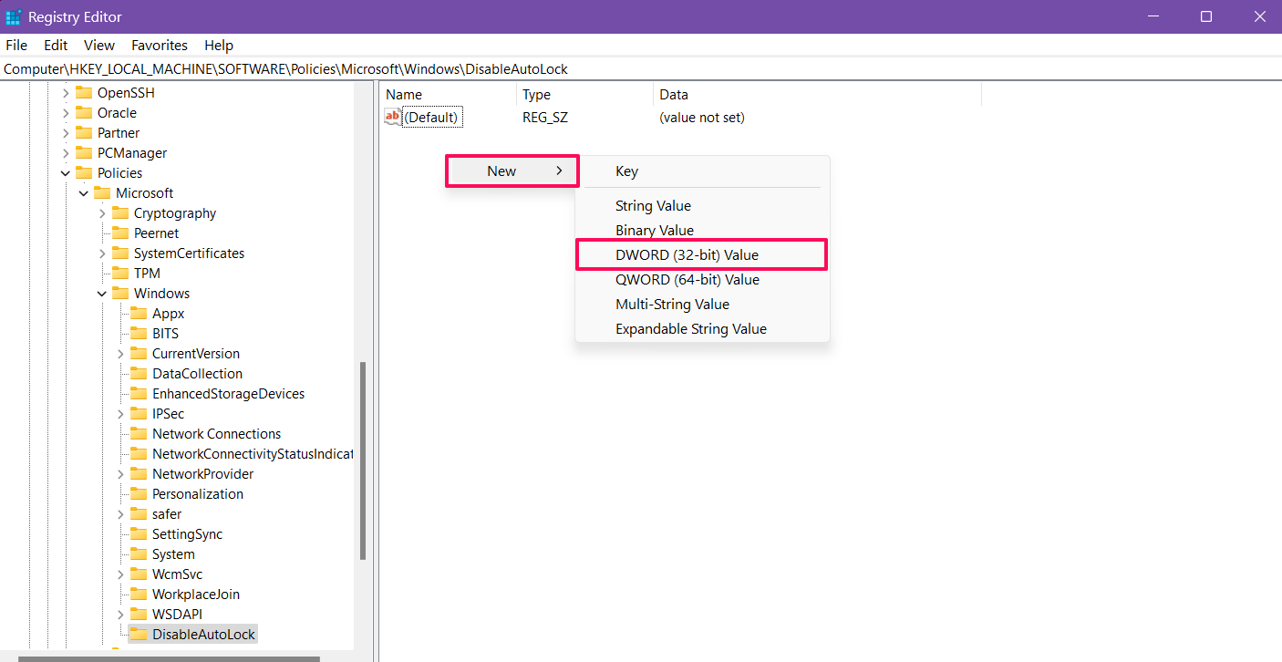 Click on DisableAutoLock and choose New > DWORD 32-Bit