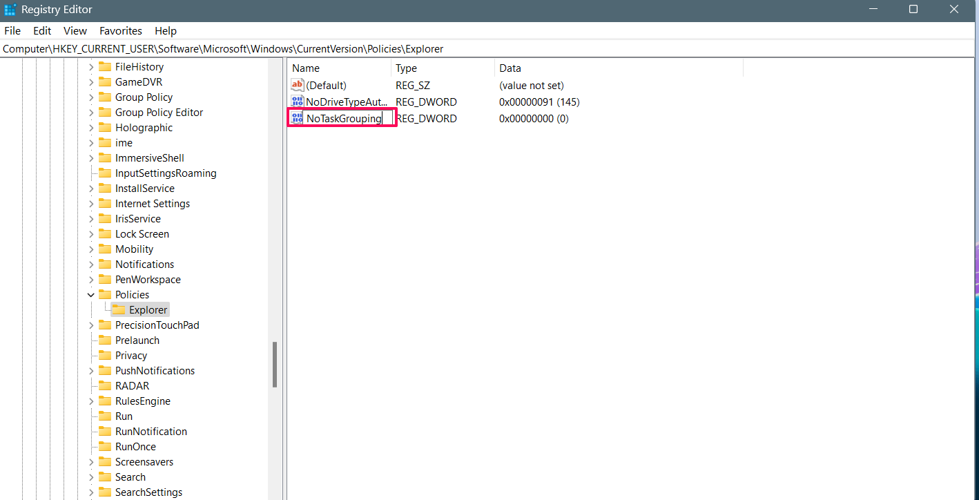 Type NoTaskGrouping and hir Enter