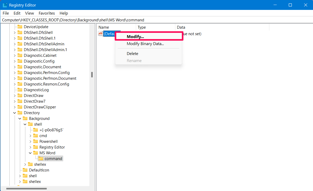 Select the command and right click on Default and choose Modify