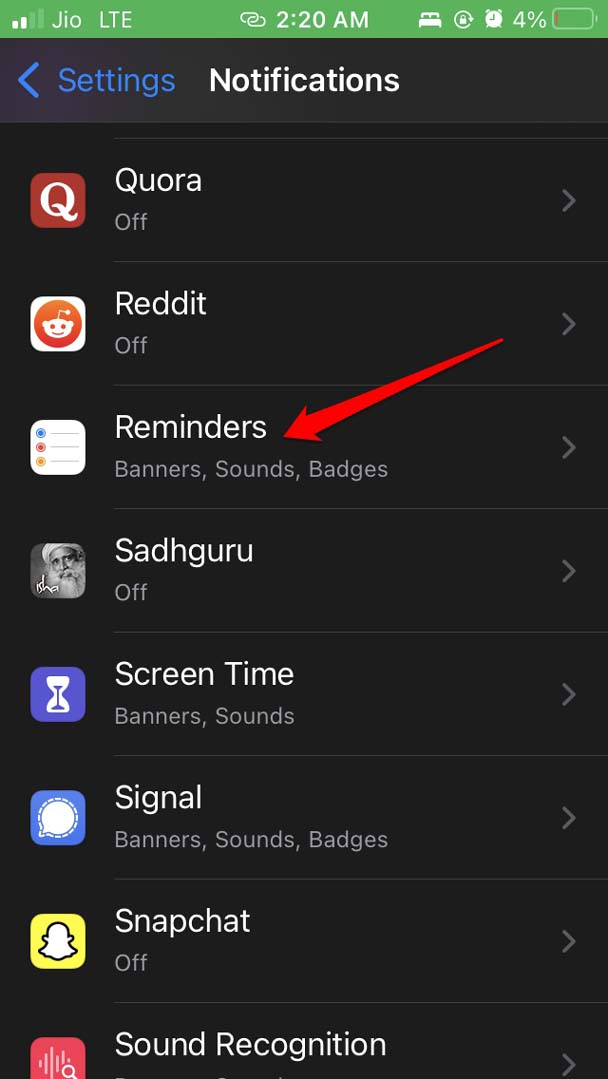 Reminders app notifications settings