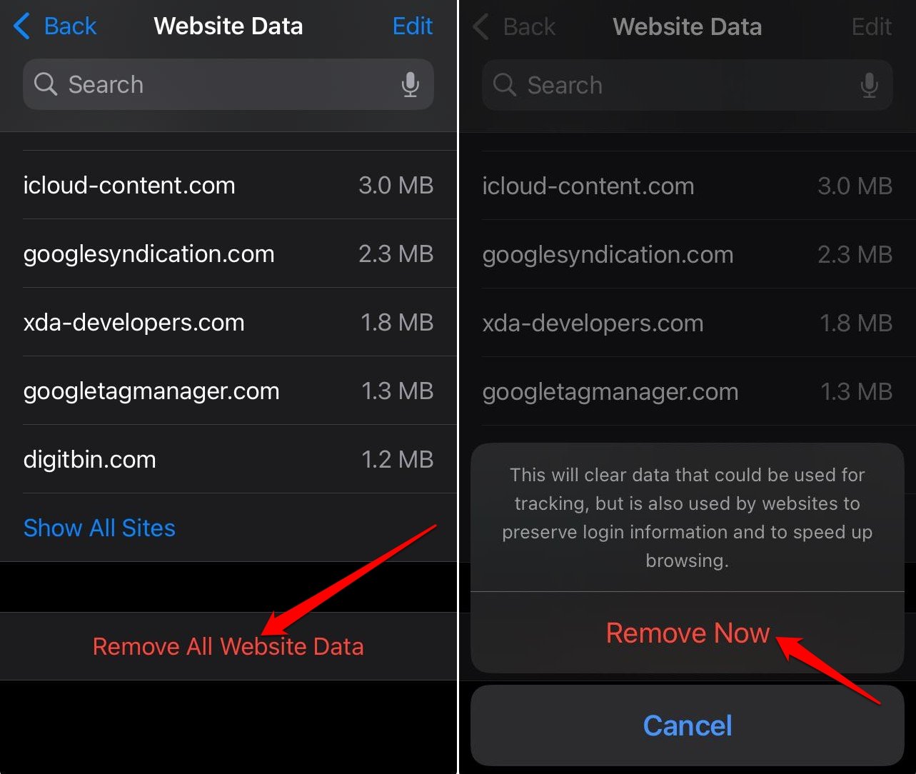 Remove all Safari website data iOS