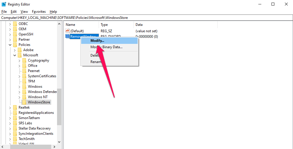 RemoveWindowsStore value and tap on the modify button