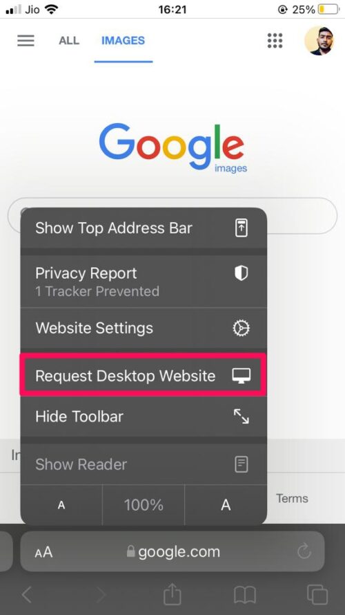 Request desktop site in Safari