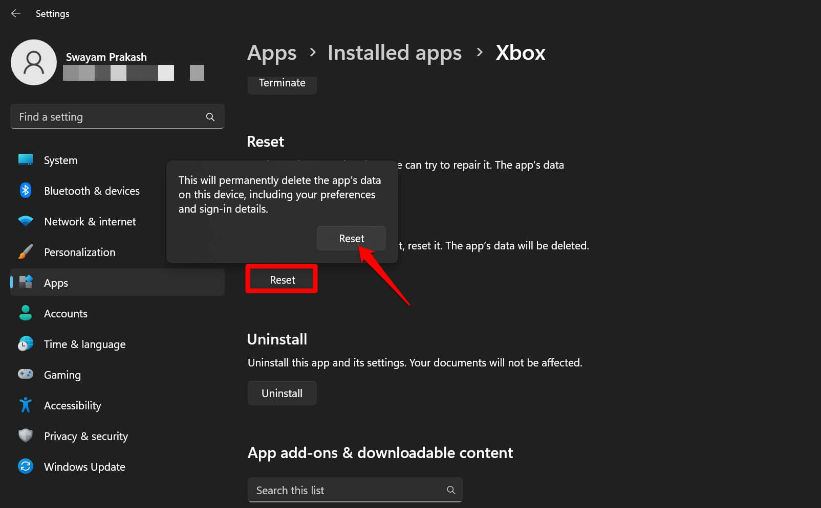 Сбросить приложение Xbox в Windows 11
